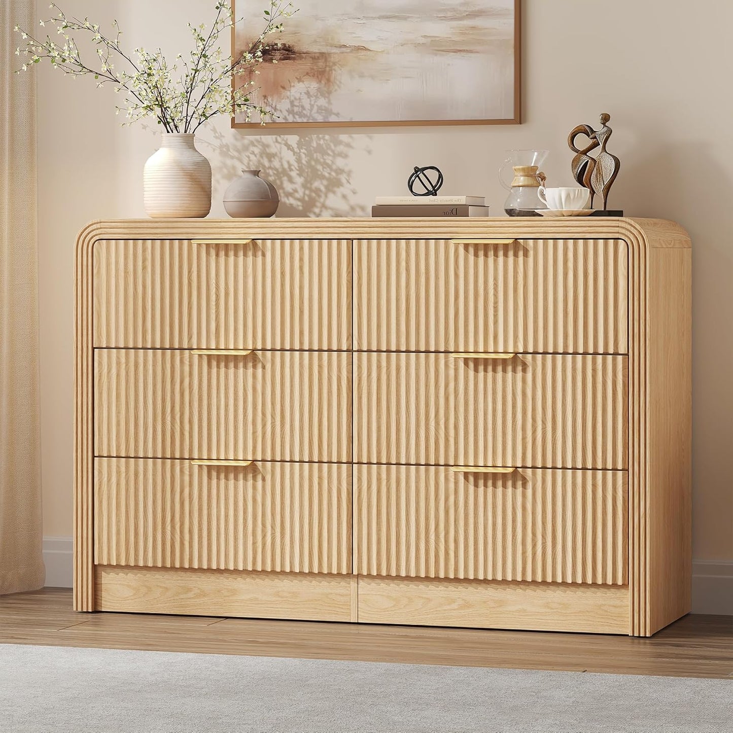 Fluted Drawers Dresser for Bedroom, Wood Dressers with Gold Handles, Modern Dressers with Wave Texture, Large Storage Chest of Drawers, Bedroom Dresser Organizer 47'' & 6 Drawers (Natural Oak)