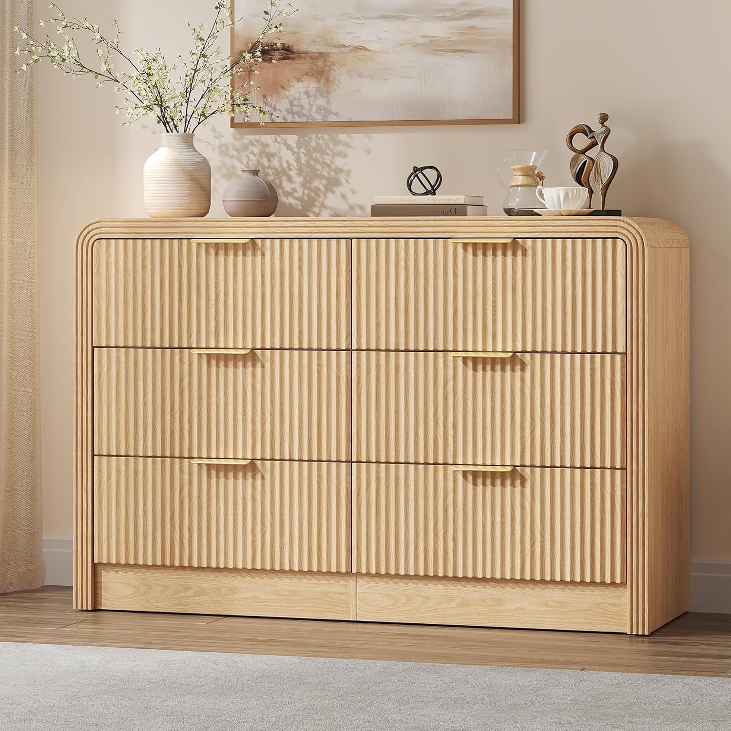 Fluted Drawers Dresser for Bedroom, Wood Dressers with Gold Handles, Modern Dressers with Wave Texture, Large Storage Chest of Drawers, Bedroom Dresser Organizer 47'' & 6 Drawers (Natural Oak)