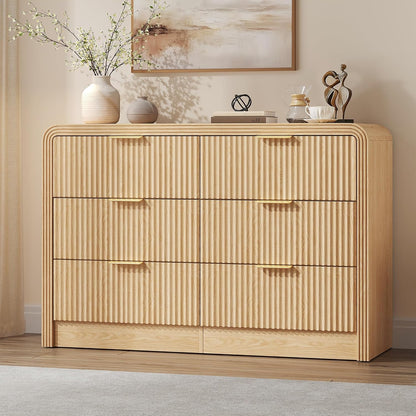 Fluted Drawers Dresser for Bedroom, Wood Dressers with Gold Handles, Modern Dressers with Wave Texture, Large Storage Chest of Drawers, Bedroom Dresser Organizer 47'' & 6 Drawers (Natural Oak)