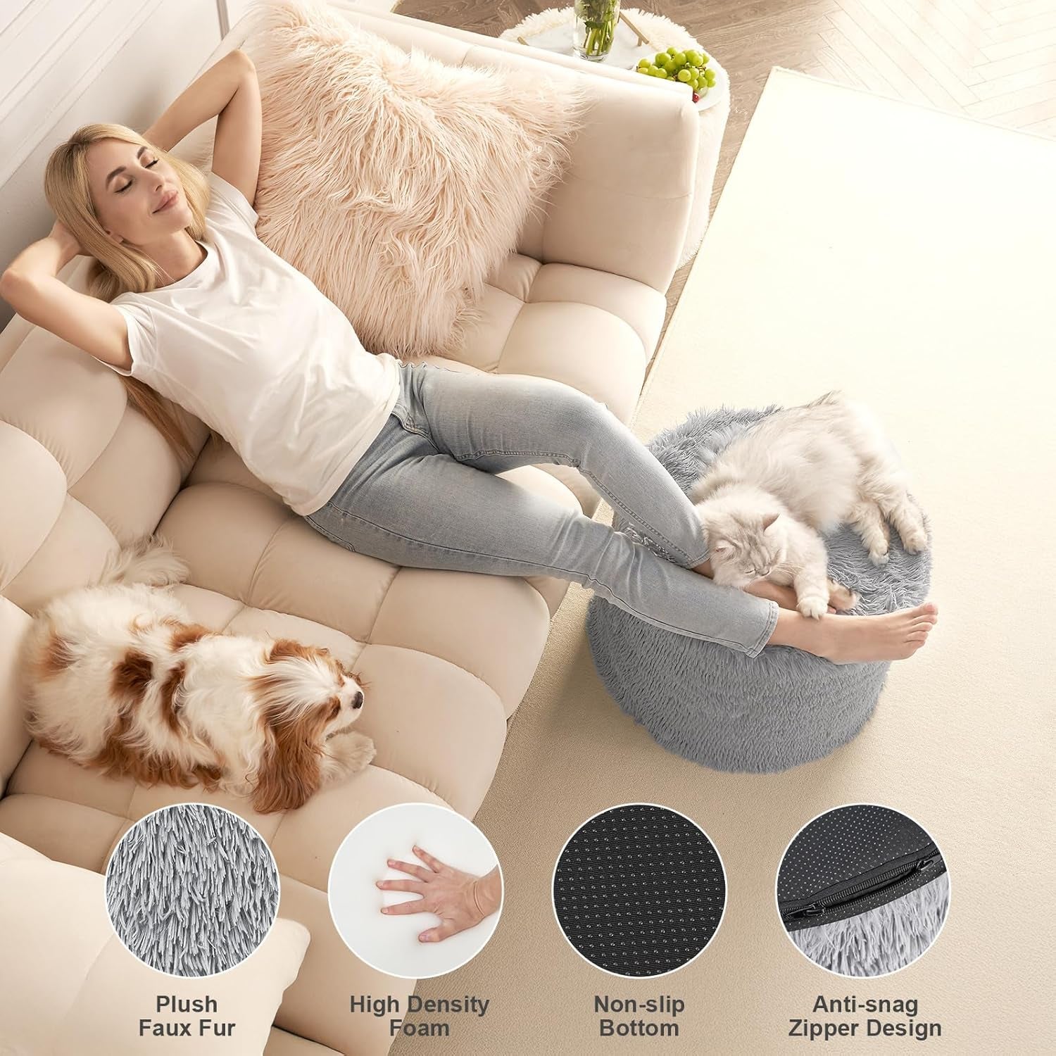 round Pouf Ottoman Foot Rest, 17 X 14 Small Faux Fur Stuffed Pouf for Chair, Foam Filled Foot Stools Ottomans for Living Room, Grey