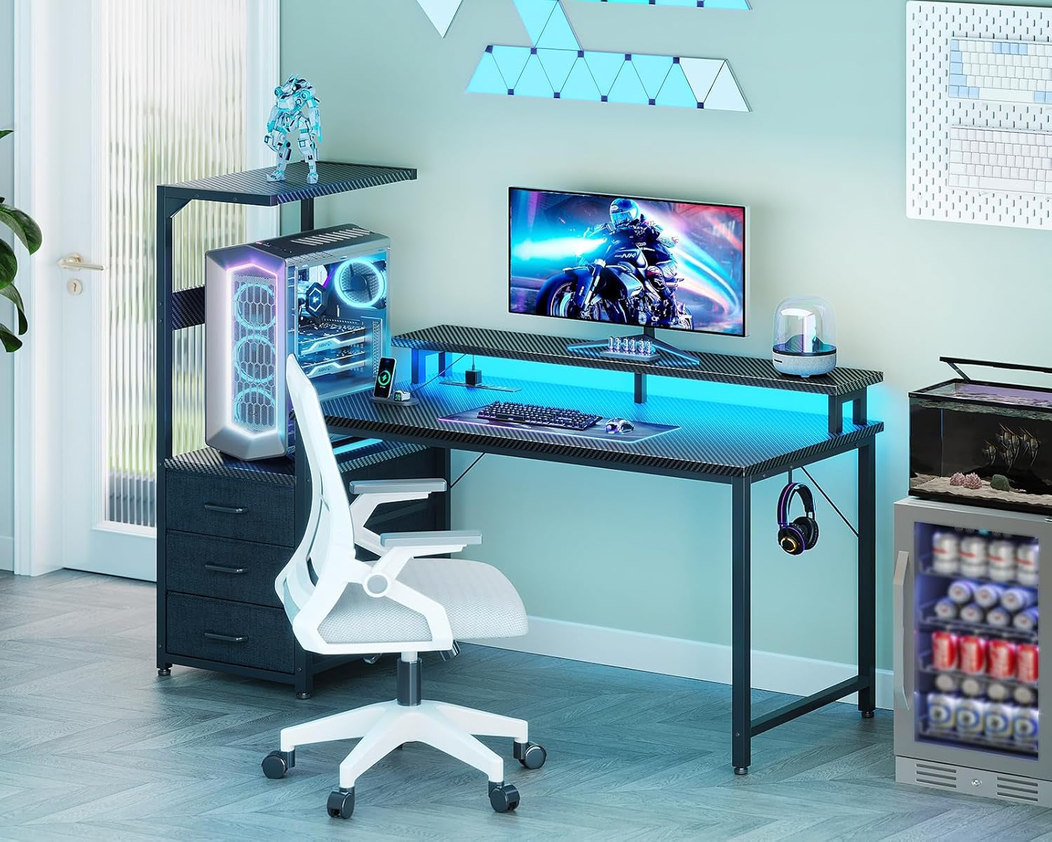 52 Inch Gaming Desk with USB Charging Ports & LED Light - Reversible Computer Desk with 3 Fabric Drawers, Monitor Stand, CPU Stand, and Side Hook, Modern Office Desk, Black