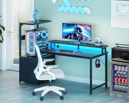 52 Inch Gaming Desk with USB Charging Ports & LED Light - Reversible Computer Desk with 3 Fabric Drawers, Monitor Stand, CPU Stand, and Side Hook, Modern Office Desk, Black