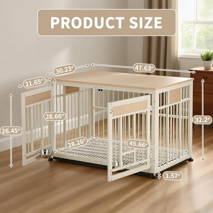 48 Inch Heavy Duty Dog Crate Furniture with Removable Tray & 2 Feeders, Decorative Pet House End Table, Extra Large Wooden Cage Kennel Furniture Indoor, Natural and White
