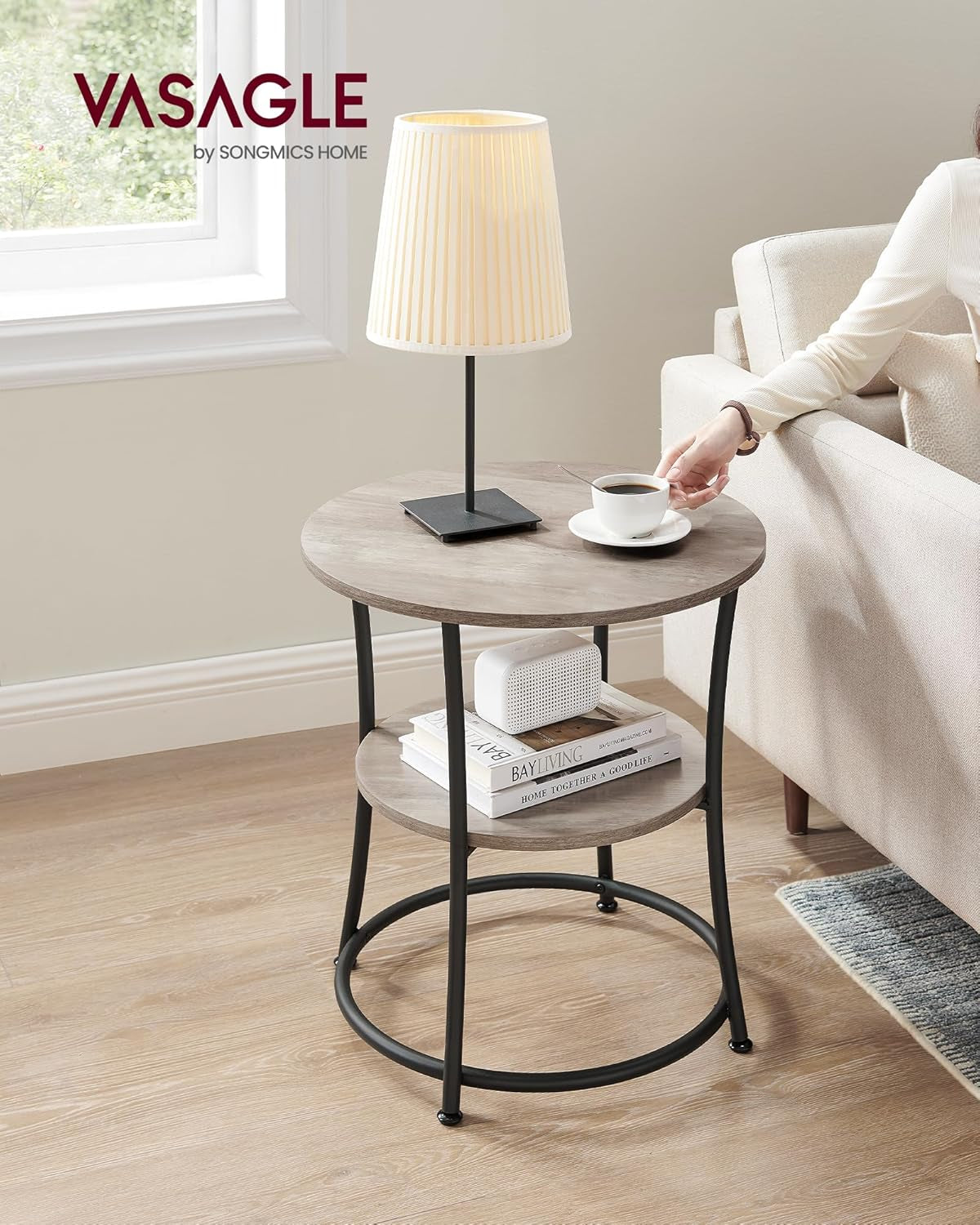 Side Table, 2-Tier round End Table with Power Outlets, Nightstand with Steel Frame for Small Spaces, Living Room, Bedroom, Rustic Brown and Ink Black ULET077K01