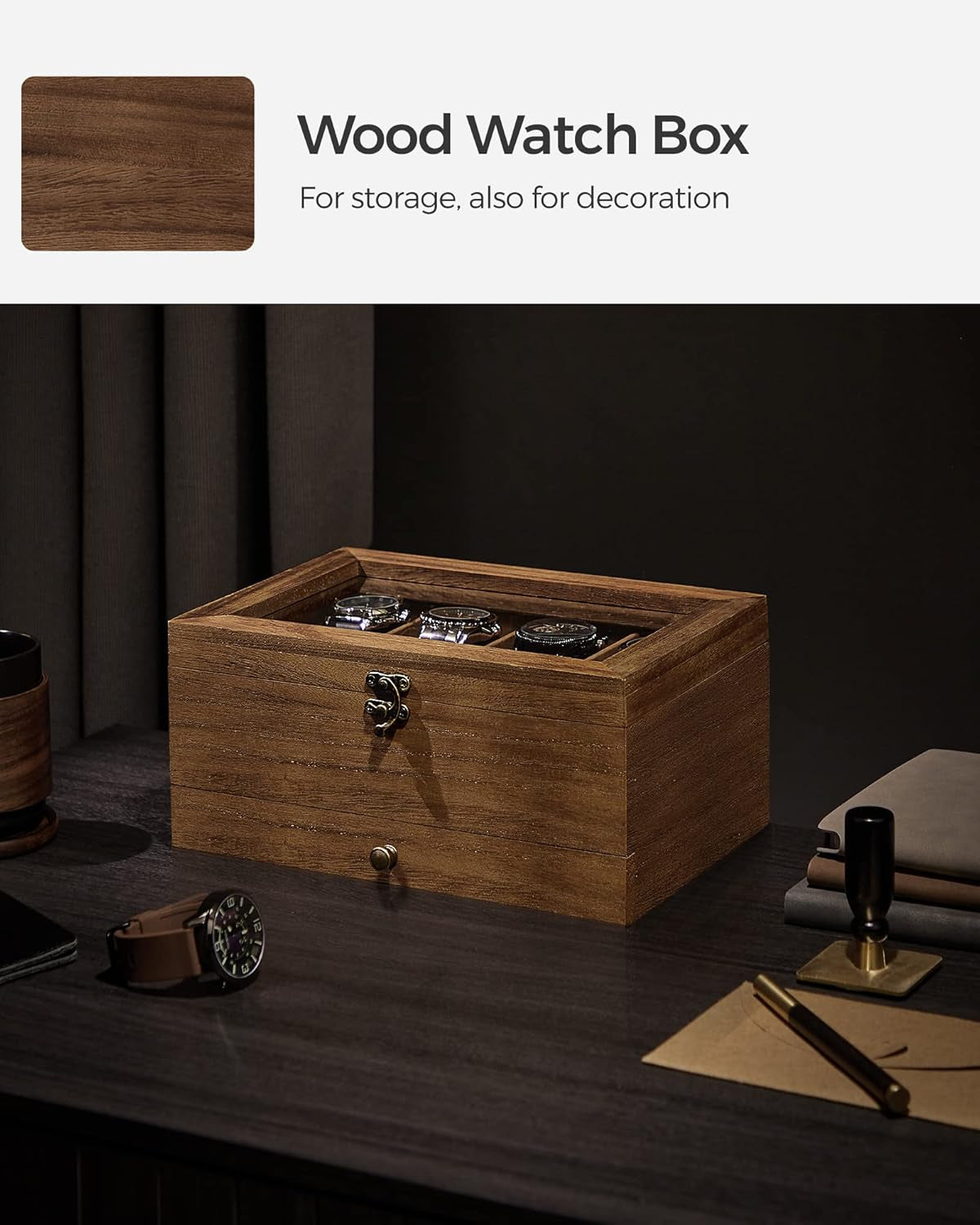 8-Slot Watch Box, 2-Tier Watch Display Case with Large Glass Lid, Removable Watch Pillows, Velvet Lining, Jewelry Box, Gift Idea, Rustic Walnut UJOW008K01