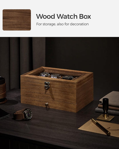 8-Slot Watch Box, 2-Tier Watch Display Case with Large Glass Lid, Removable Watch Pillows, Velvet Lining, Jewelry Box, Gift Idea, Rustic Walnut UJOW008K01