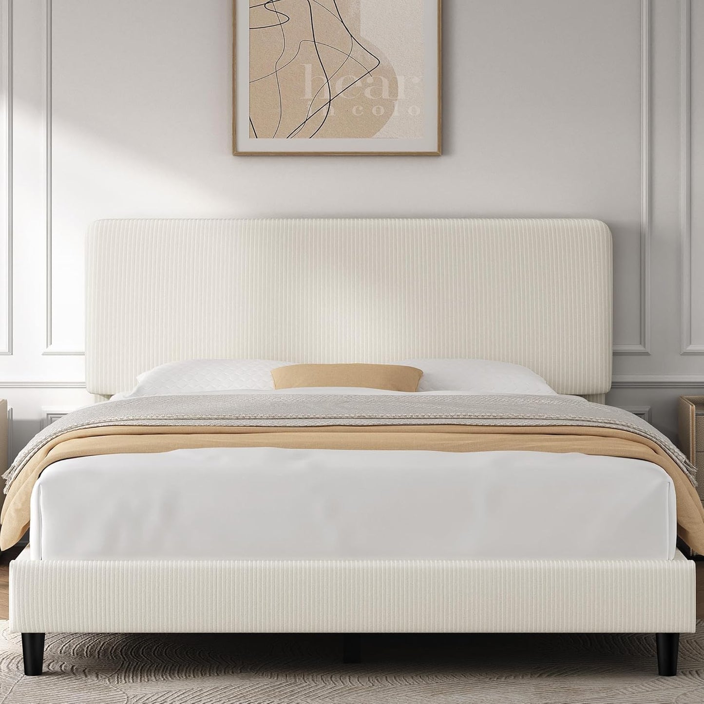 Queen Bed Frames with Adjustable Headboard, Chenille Fabric Upholstered Headboard/Platform Bed, Queen Size Bed Frame No Box Spring Needed/Wood Slats Support/Easy Assembly/Beige