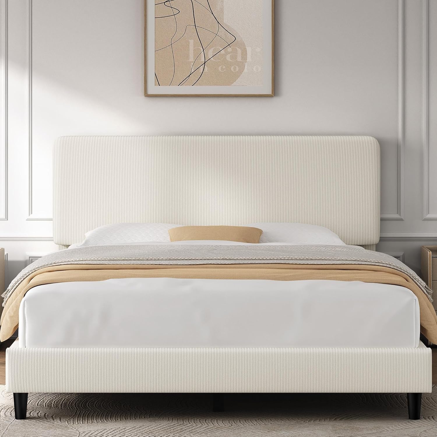 Queen Bed Frames with Adjustable Headboard, Chenille Fabric Upholstered Headboard/Platform Bed, Queen Size Bed Frame No Box Spring Needed/Wood Slats Support/Easy Assembly/Beige
