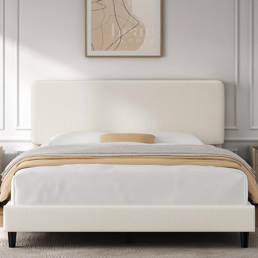 Queen Bed Frames with Adjustable Headboard, Chenille Fabric Upholstered Headboard/Platform Bed, Queen Size Bed Frame No Box Spring Needed/Wood Slats Support/Easy Assembly/Beige
