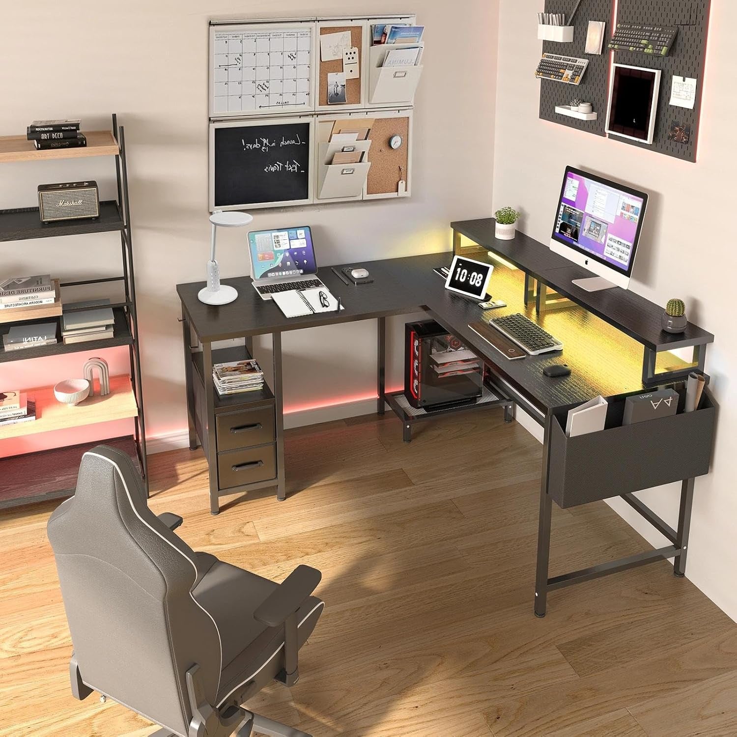 L Shaped Gaming Desk with Led Lights and Power Outlets, 48 Inch Corner Home Office Desk with Monitor Stand Shelves, Writing Study Computer Desks with Fabric Drawers for Bedroom, Black