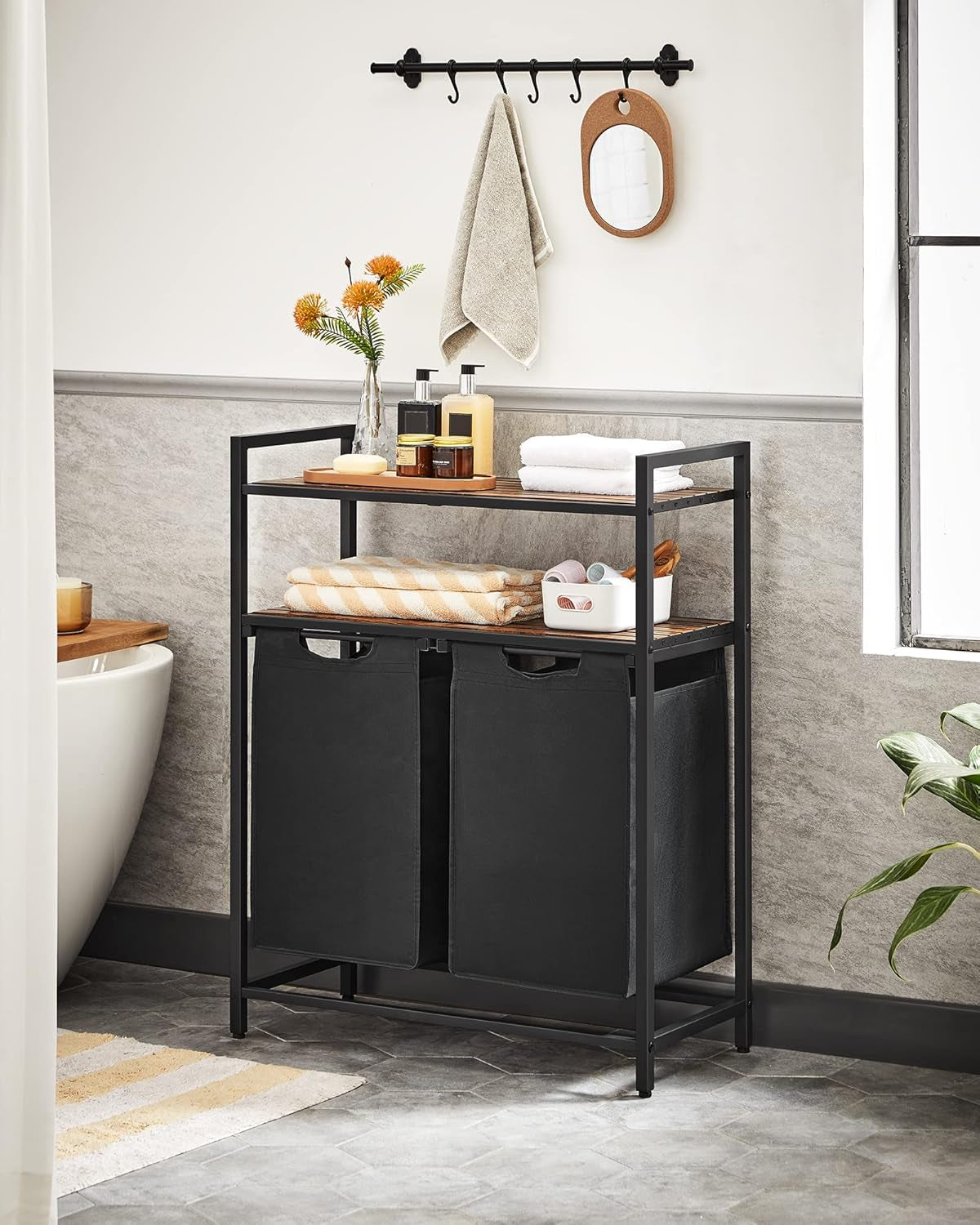 Laundry Hamper, Laundry Basket, Laundry Sorter with 2 Pull-Out and Removable Bags, 2 Shelves, 12.1 Gal (46L) Capacity per Bag, for Laundry Room, Rustic Brown and Black UBLH211B01