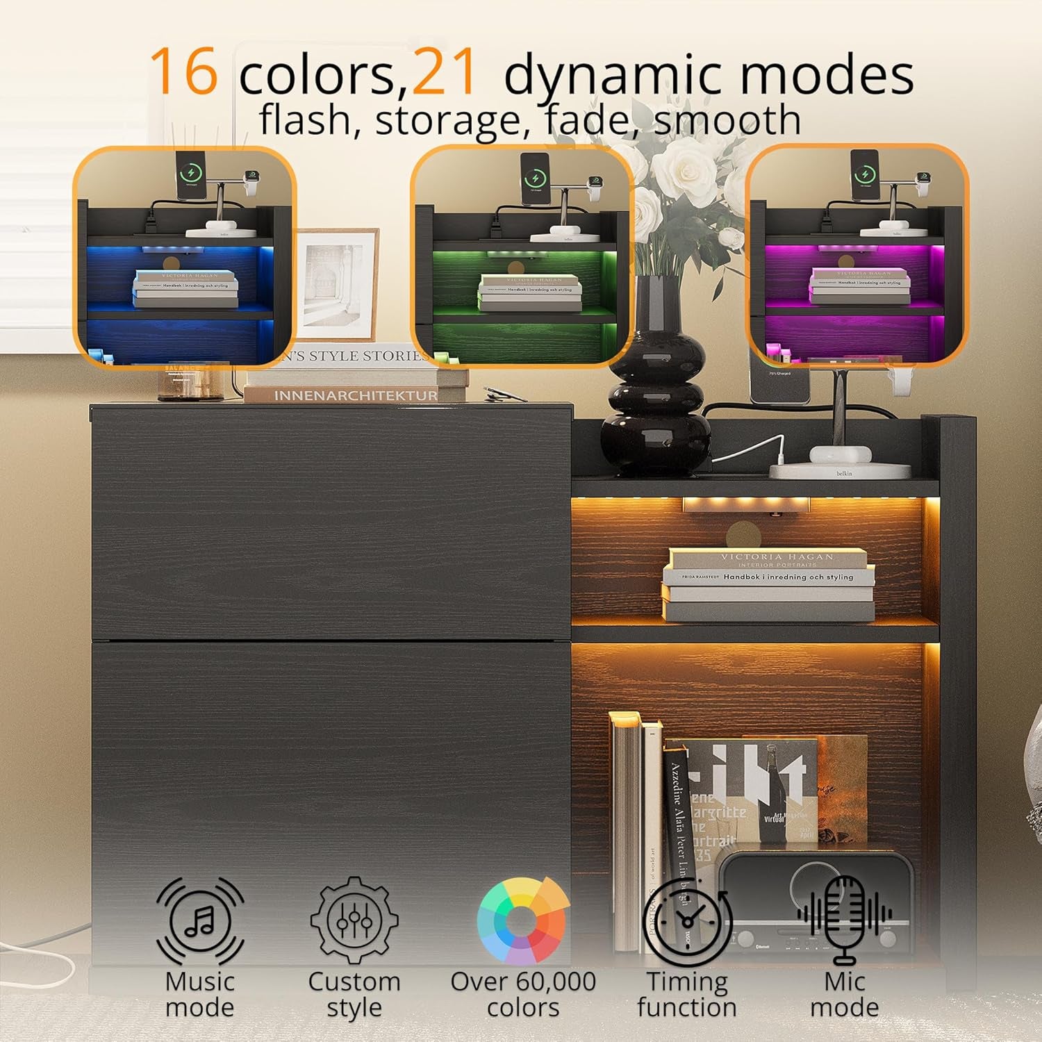 Black Night Stand with Shelves, Charging Station & LED, 2 Drawer Wooden Bedside Table Record Player Stand for Bedroom, Entryway, Large