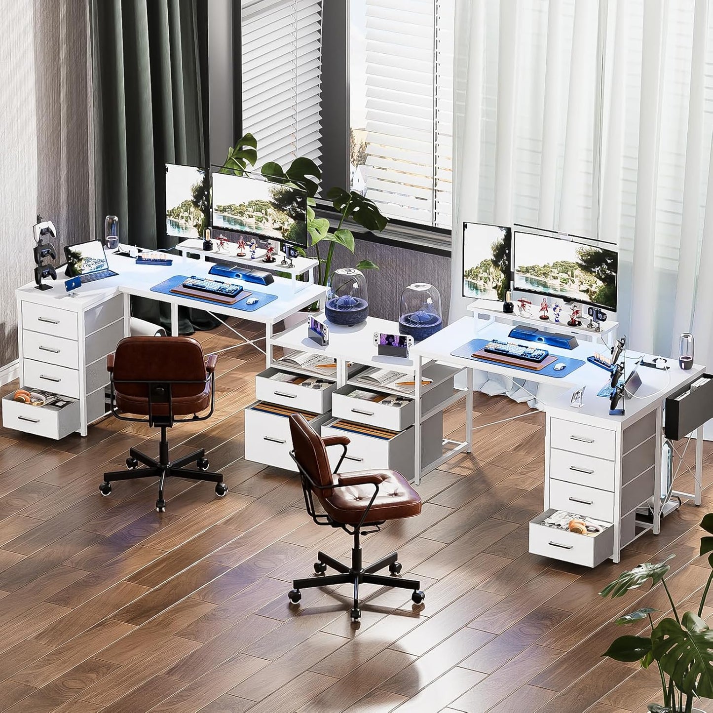 70.8" Reversible L Shaped Computer Desk with Fabric File Drawers, Corner Desks with RGB LED Light & Power Outlets & Monitor Stand, Large Gaming Desk for Home Office Workstation, White