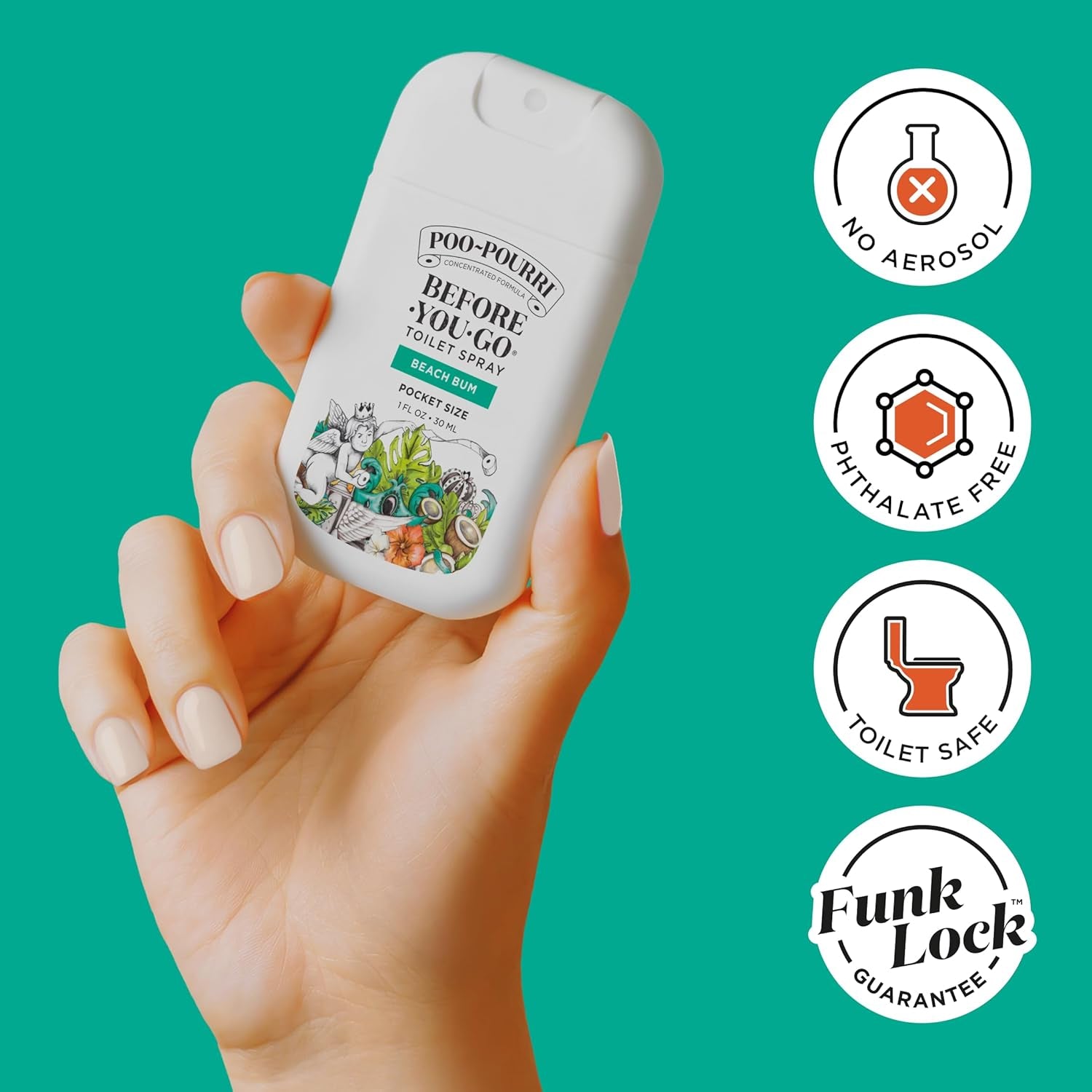 Before-You-Go Pocket Toilet Spray, Travel Essentials, Beach Bum, 1 Fl Oz, up to 50 Uses, On-The-Go Bathroom Odor Deodorizer with Essential Oils, TSA Approved Size, Coconut Orchid Scent