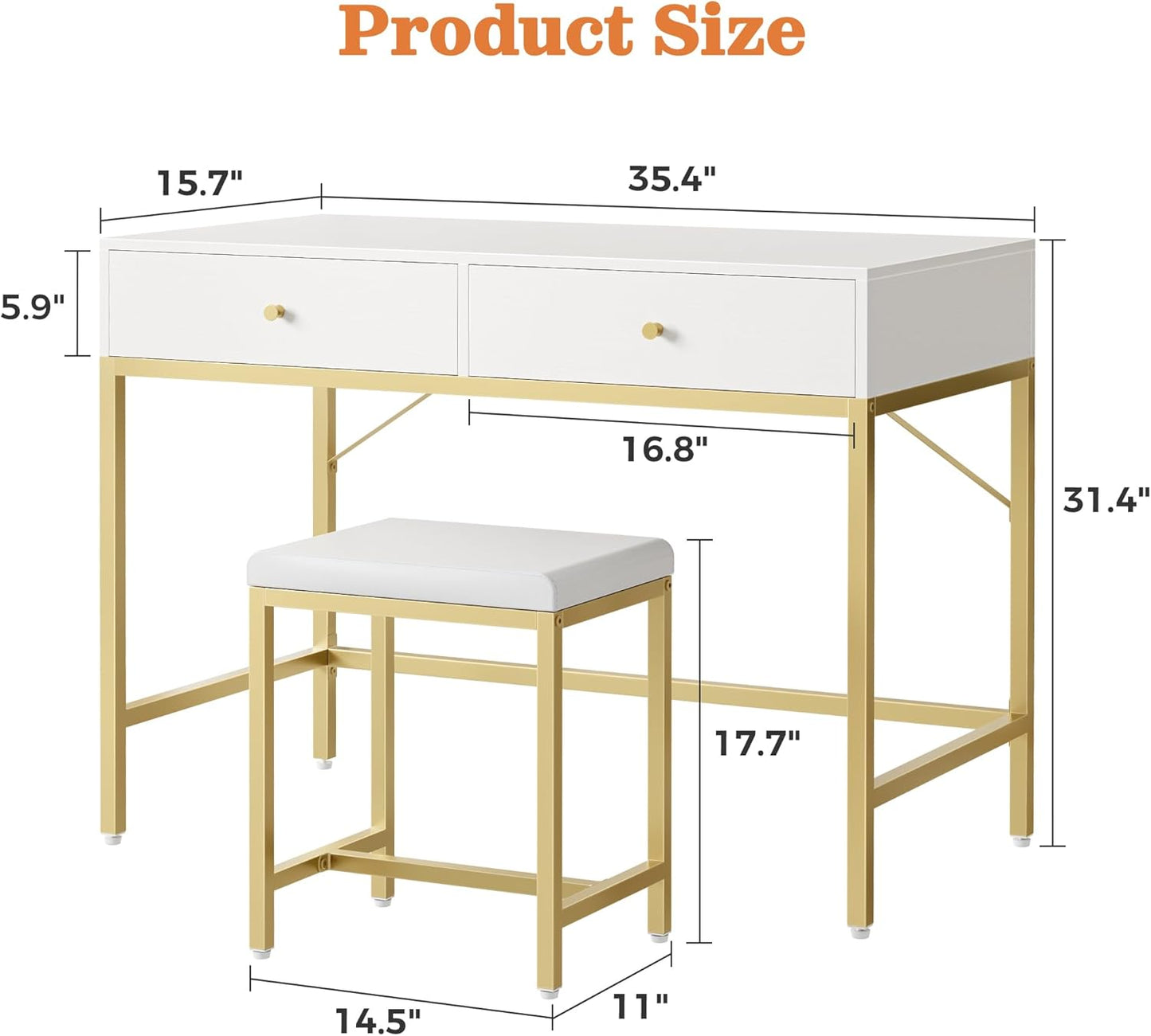 35.4" White and Gold Desk with 2 Drawers, Modern Makeup Vanity with Padded Stool, Small Computer Desk Home Office Desk for Writing Study Bedroom