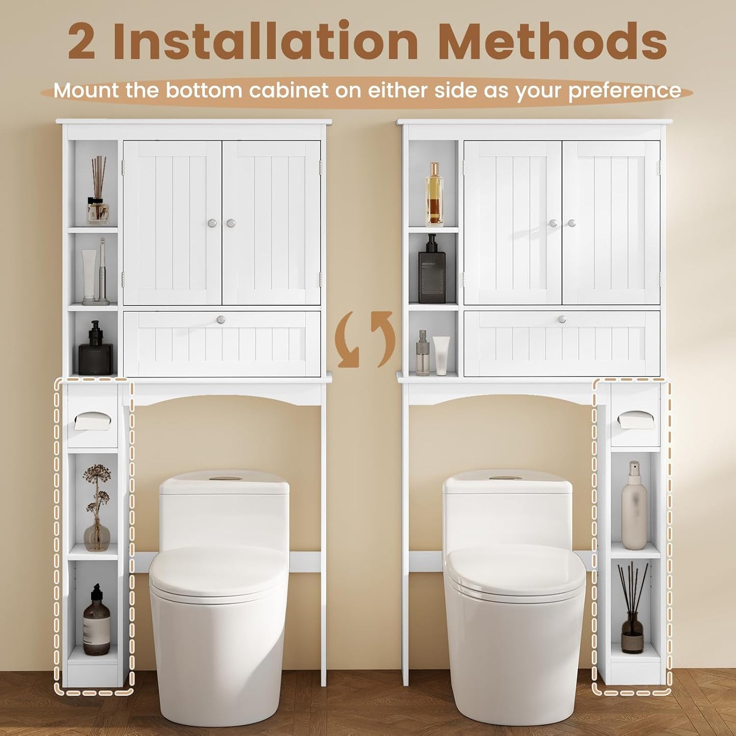 over the Toilet Storage Cabinet, 31.5''W Freestanding Space Saver with Doors, Adjustable Shelf & Toilet Paper Holder, over Toilet Bathroom Organizer for Laundry, Restroom, White