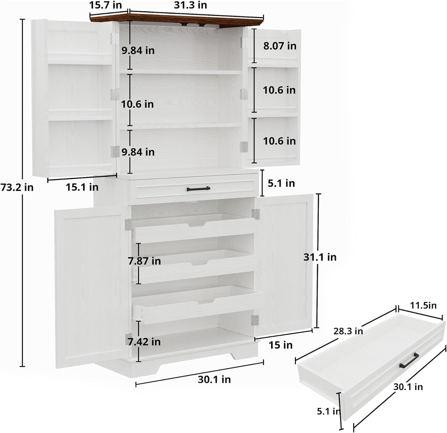 Farmhouse Kitchen Pantry Cabinet, 72" Height Tall Freestanding Cupboard with Sliding Storage Rack and 6 Hanging Shelves for Kitchen, Dining Room, White