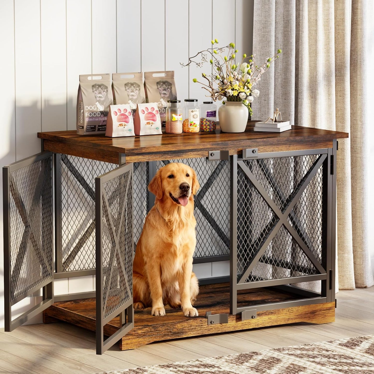 Large Dog Crate Furniture - 48 Inch Heavy Duty Dog Kennel Indoor for Xlarge Breed with Double Doors, Wooden Dog Cage XL Modern Decorative End Table Pet House (Brown)