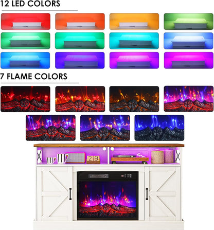 TV Stand with Fireplace, 59In Entertainment Center with LED Lights, for 65 Inch Tvs, with Opening Shelves and Storage Cabinets, for Living Room, White