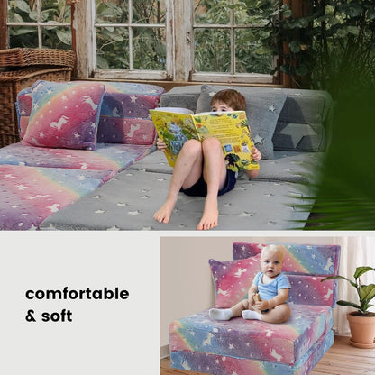 Glow Rainbow Unicorn Tri-Fold Sofa Bed for Kids, Foldable Futon Mattress, Chair, and Floor Couch for Playroom