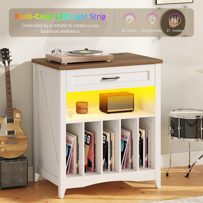 Large Record Player Stand with Charging Station, Vinyl Record Storage Cabinet with Drawer and LED, Turntable Display Table for Living Room, Books, Rustic White and Walnut