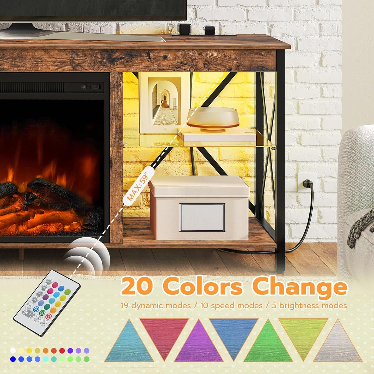 Fireplace TV Stand with Charging Station and LED Lights, TV Stand with Fireplace for Tvs up to 65", Entertainment Center with Fireplace, Glass Shelves, Rustic Brown and Black BF140UDDS01