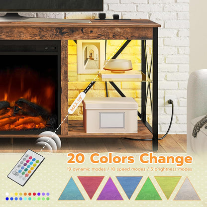 Fireplace TV Stand with Charging Station and LED Lights, TV Stand with Fireplace for Tvs up to 65", Entertainment Center with Fireplace, Glass Shelves, Rustic Brown and Black BF140UDDS01