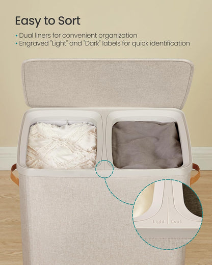 Laundry Basket, 44.9 Gal. Laundry Hamper, 2 Compartments, Easy Assembly, with Lid and Handles, Removable Liners, 22 X 15.7 X 29.5 Inches, Cappuccino Beige ULCB813L01