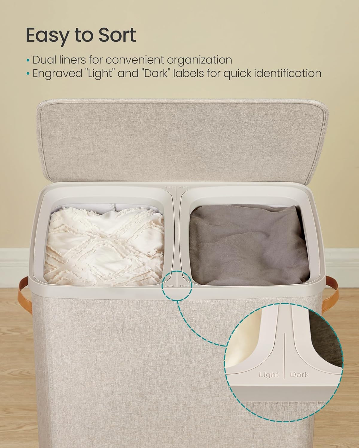 Laundry Basket, 44.9 Gal. Laundry Hamper, 2 Compartments, Easy Assembly, with Lid and Handles, Removable Liners, 22 X 15.7 X 29.5 Inches, Cappuccino Beige ULCB813L01