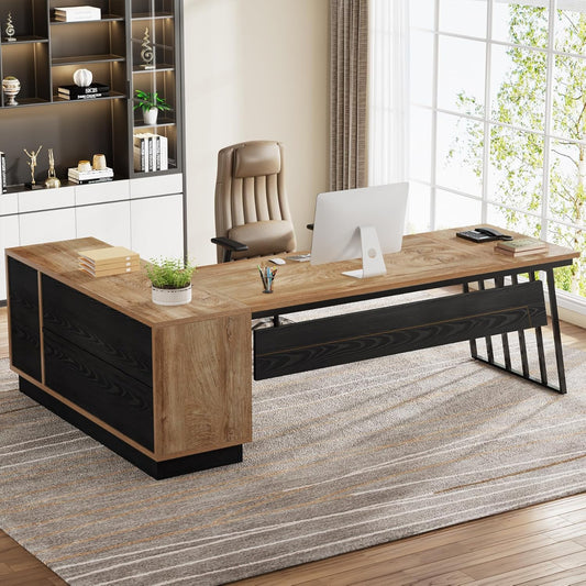 71-Inch Executive Desk, L-Shaped Desk with Cabinet, Large Office Desk with Drawers and Storage Shelves, Writing Table Computer Desk for Home Office, Oak and Black