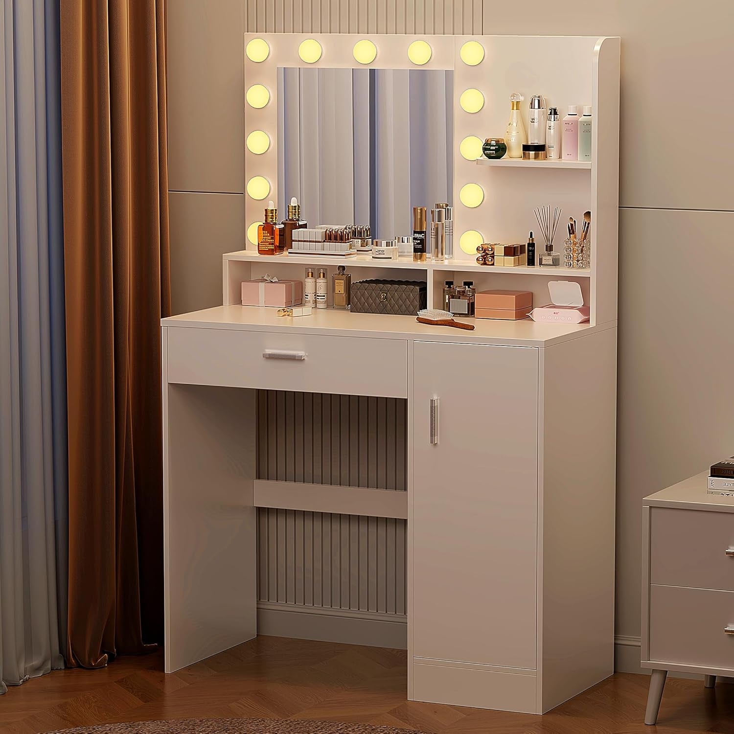 Vanity Desk with Mirror & Lights, White Makeup Desk with Drawers & Cabinet, 3 Lighting Modes & 10 Brightness, Vanity for Bedroom & Dressing Room