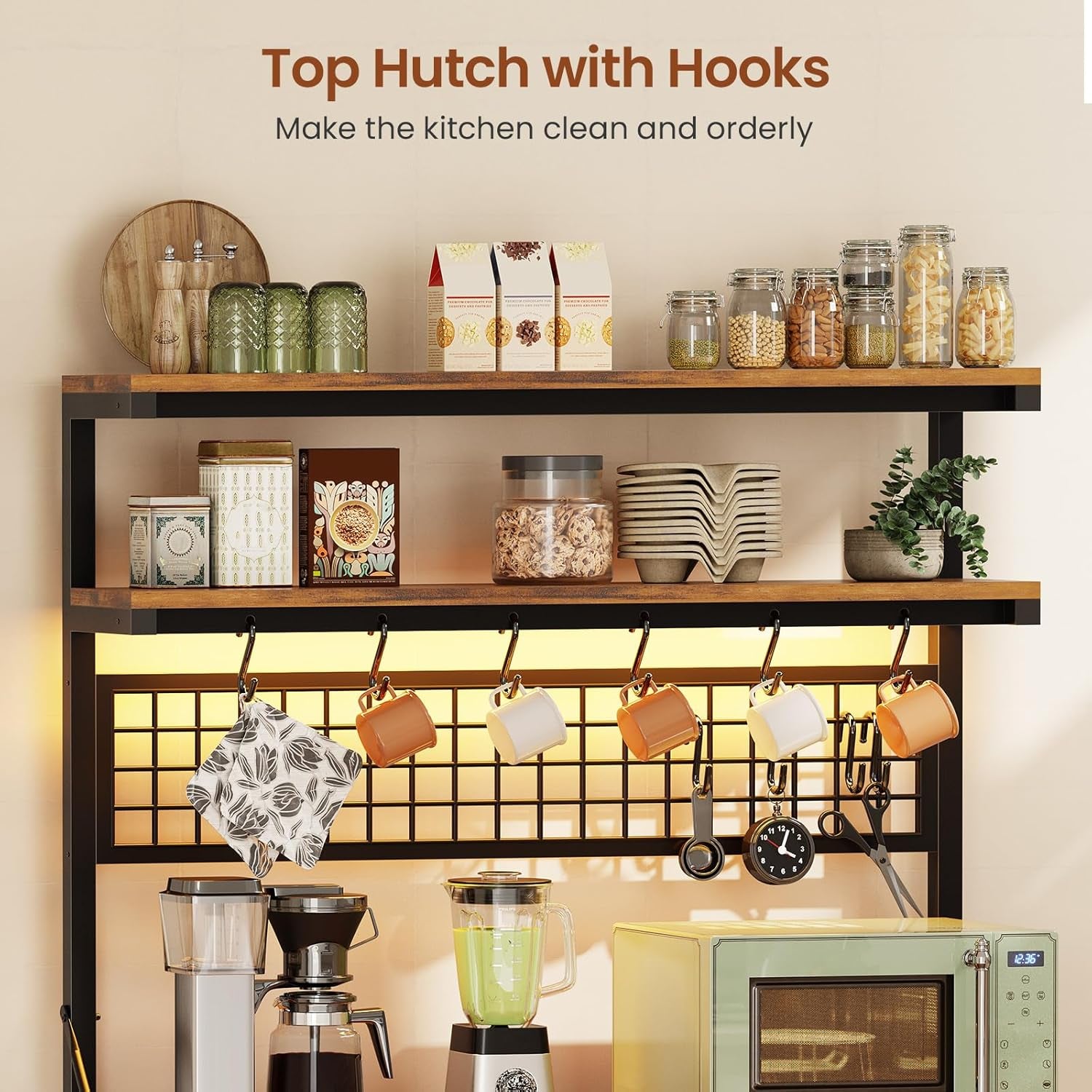 Bakers Rack with Storage and Power Outlet, 35.4 Inch Coffee Bar Cabinet, Microwave Stand Kitchen Cabinet with Hutch, LED Lights, Wine Rack and Hooks, Rustic Brown Rustic Brown