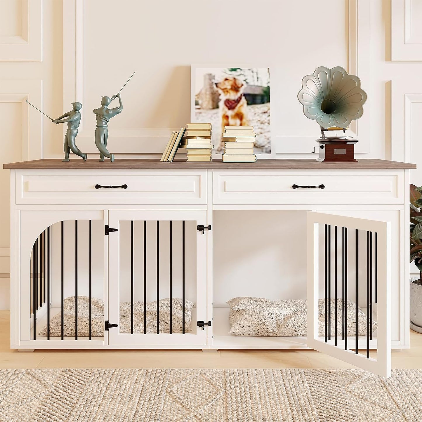 Dog Crate Furniture, 74.8''Wooden Dog Kennel with 2 Drawers and Removable Divider, Dog Kennel Indoor Furniture with Double Rooms, Heavy Duty Dog Crate Table Indoor TV Stand for Large Medium Dogs