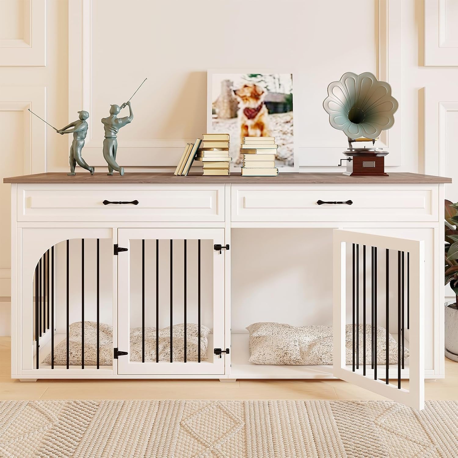 Dog Crate Furniture, 74.8''Wooden Dog Kennel with 2 Drawers and Removable Divider, Dog Kennel Indoor Furniture with Double Rooms, Heavy Duty Dog Crate Table Indoor TV Stand for Large Medium Dogs