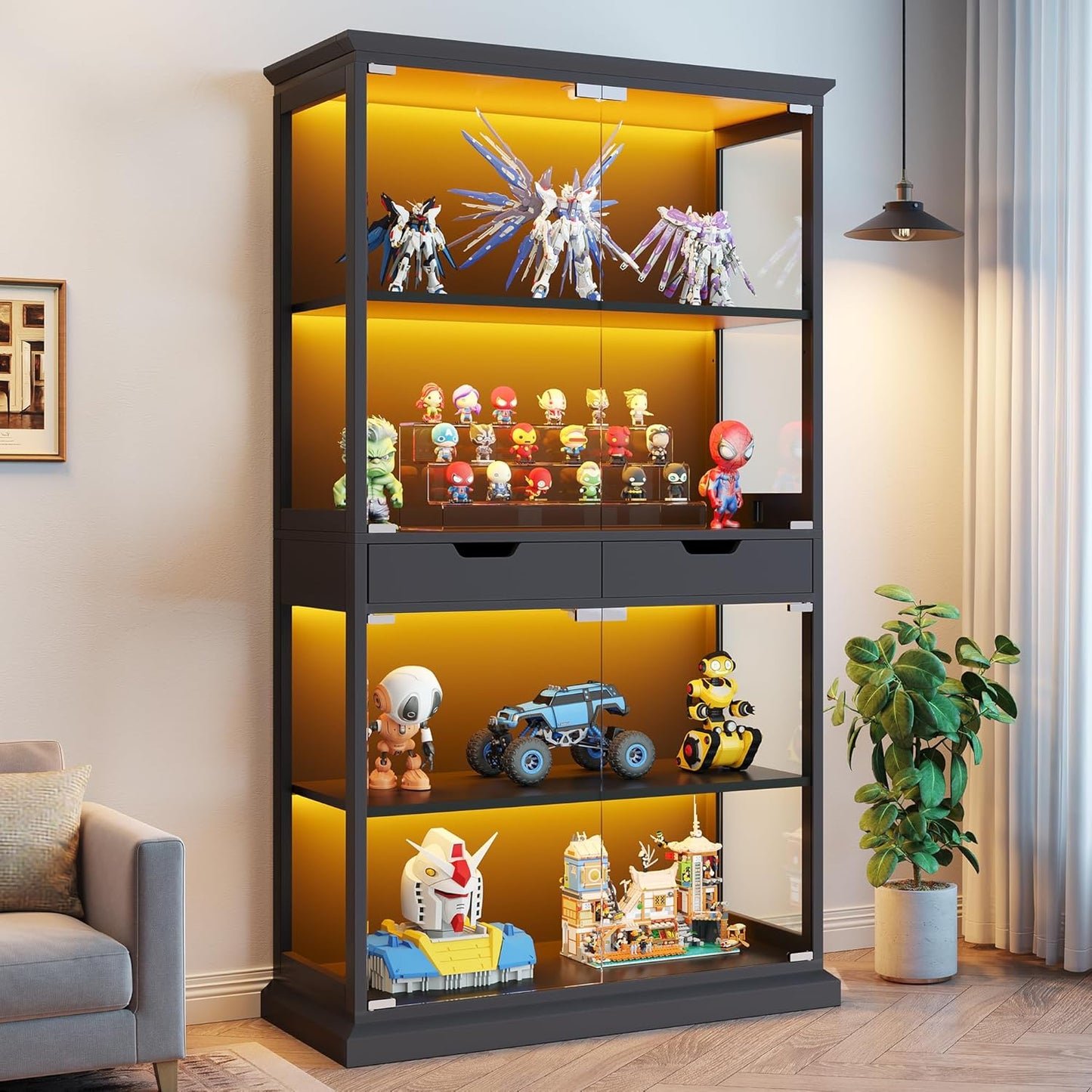 Display Cabinet with Glass Doors, 68'' Tall Curio Cabinet with RGB Lights for Collectibles, 4-Tier Glass Display Case with Human Body Sensor & 2 Drawers for Living/Game Room, Black