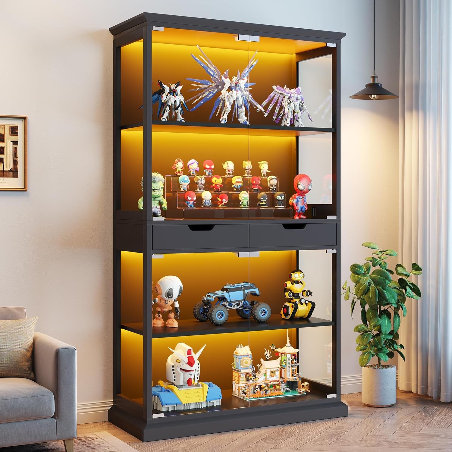 Display Cabinet with Glass Doors, 68'' Tall Curio Cabinet with RGB Lights for Collectibles, 4-Tier Glass Display Case with Human Body Sensor & 2 Drawers for Living/Game Room, Black
