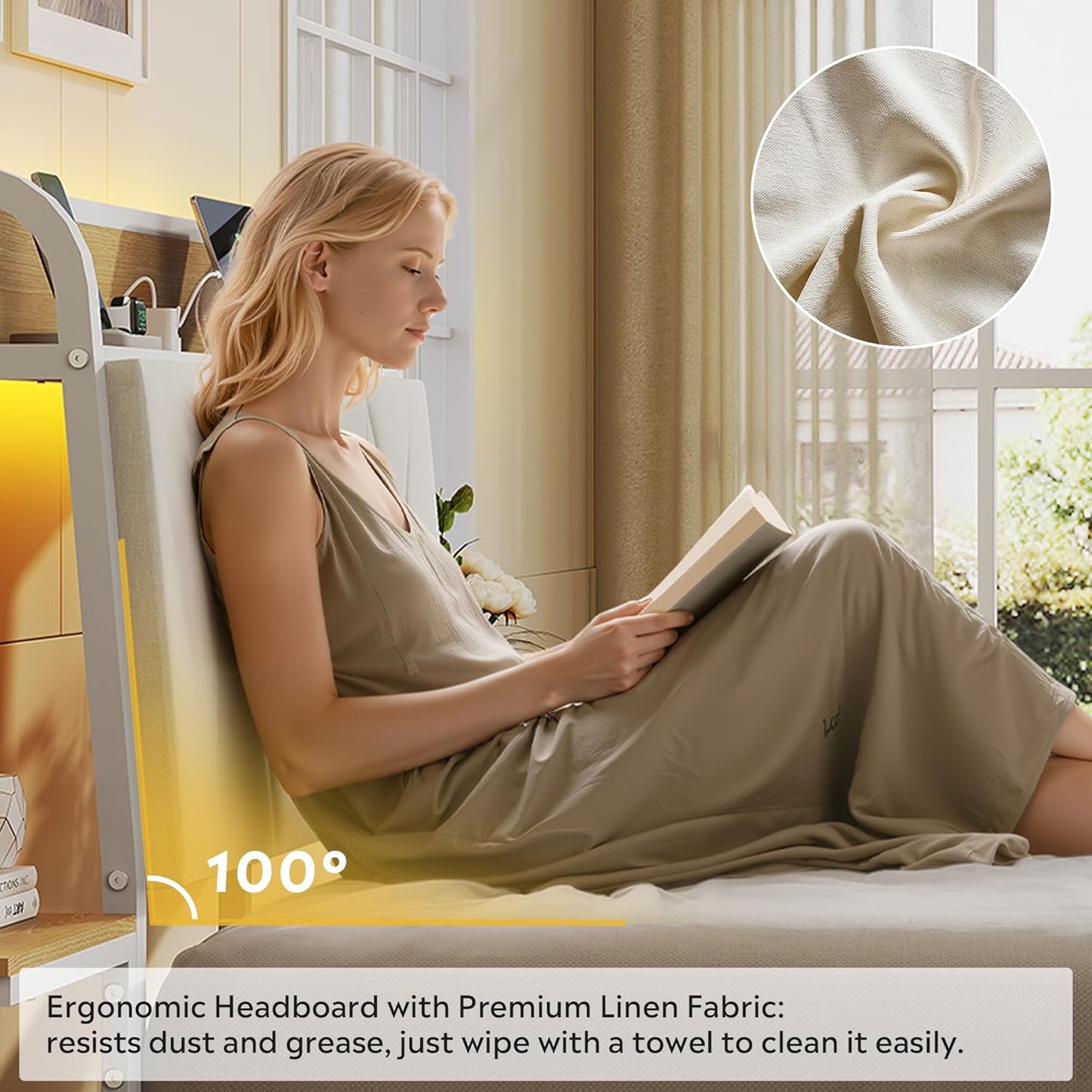 Twin Bed Frames with Headboard, Upholstered Bed Frame with 2 Storage Shelves, Platform Bed with LED Lights and Charging Station, 600LBS Mattress Foundation, No Box Spring Needed, Beige