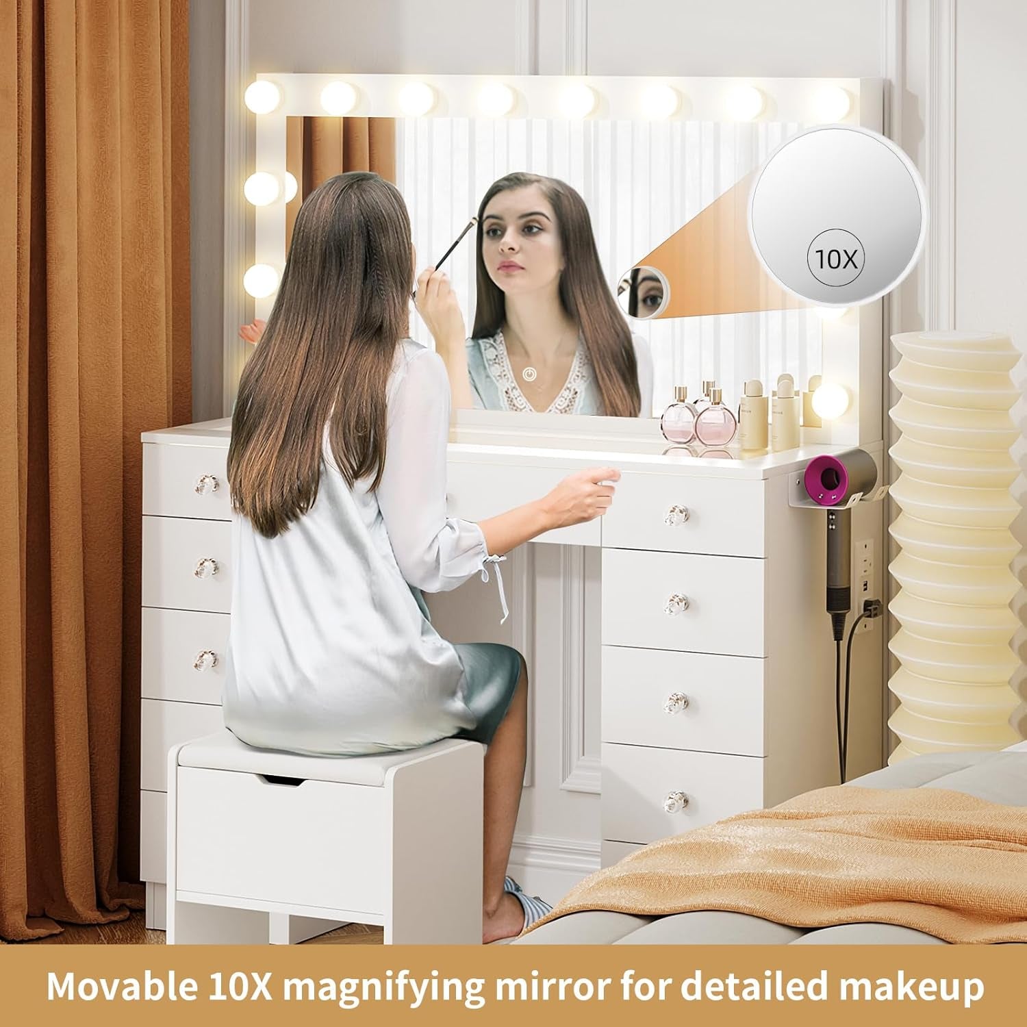 Vanity with Lighted Mirror - Makeup Vanity Desk with Glass Top and 11 Drawers, 3 Color Lighting Modes Adjustable Brightness, 46" Vanity Table with Soft Cushioned Stool for Bedroom, White