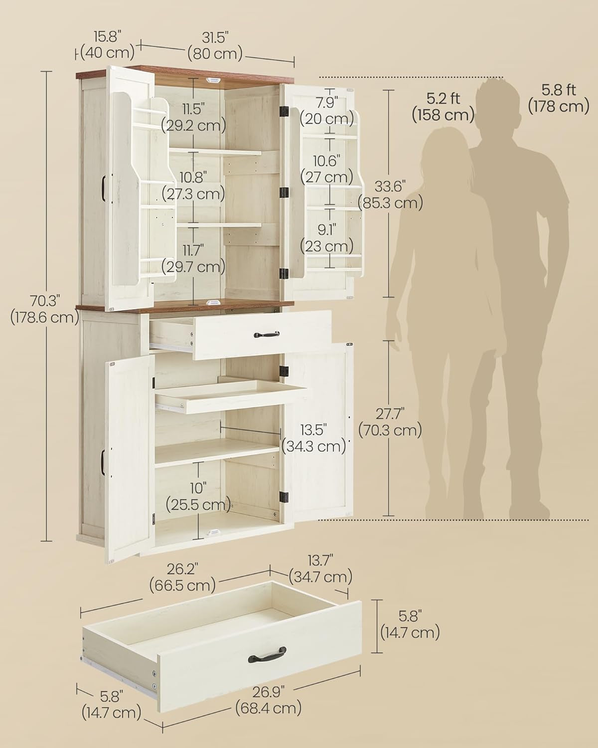 LIRY Collection - Pantry Cabinet, 70.3-Inch Tall Farmhouse Kitchen Storage Cabinet with Barn Doors, Drawer, Tray, Adjustable Shelves, for Kitchen, Dining Room, Hazelnut Brown UBBK364K01