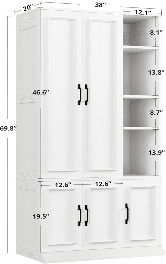 Armoire Wardrobe Closet 70" H, 5 Doors Bedroom Wooden Wardrobe with 4 Storage Shelves and Hanging Rod, Clothing Storage Cabinet Organizer Combination, White