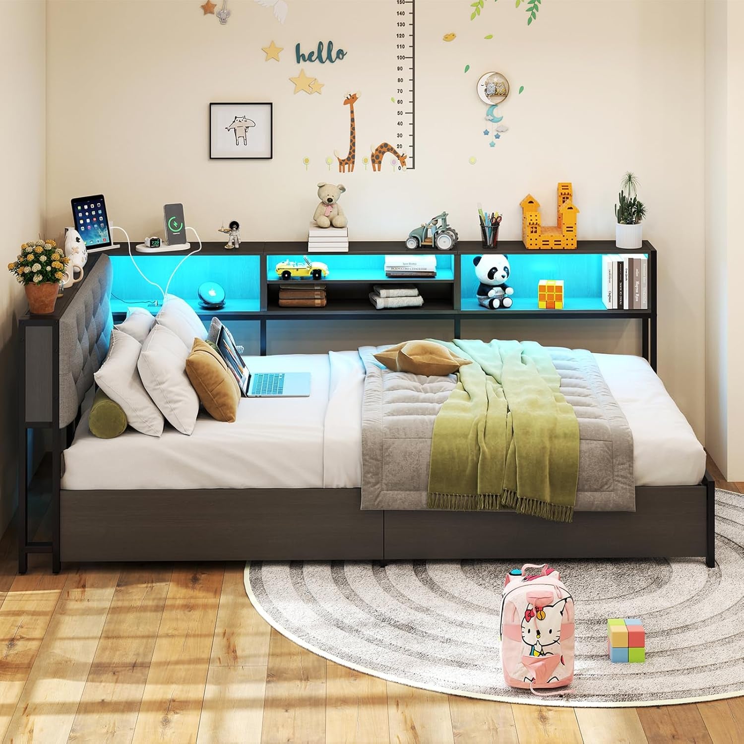 Corner Bed Frame with Storage Bookcase and LED Lights Twin Platform Bed Frame with Upholstered Headboard and Charging Station, Twin Daybed with 2 Storage Drawers, Dark Gray