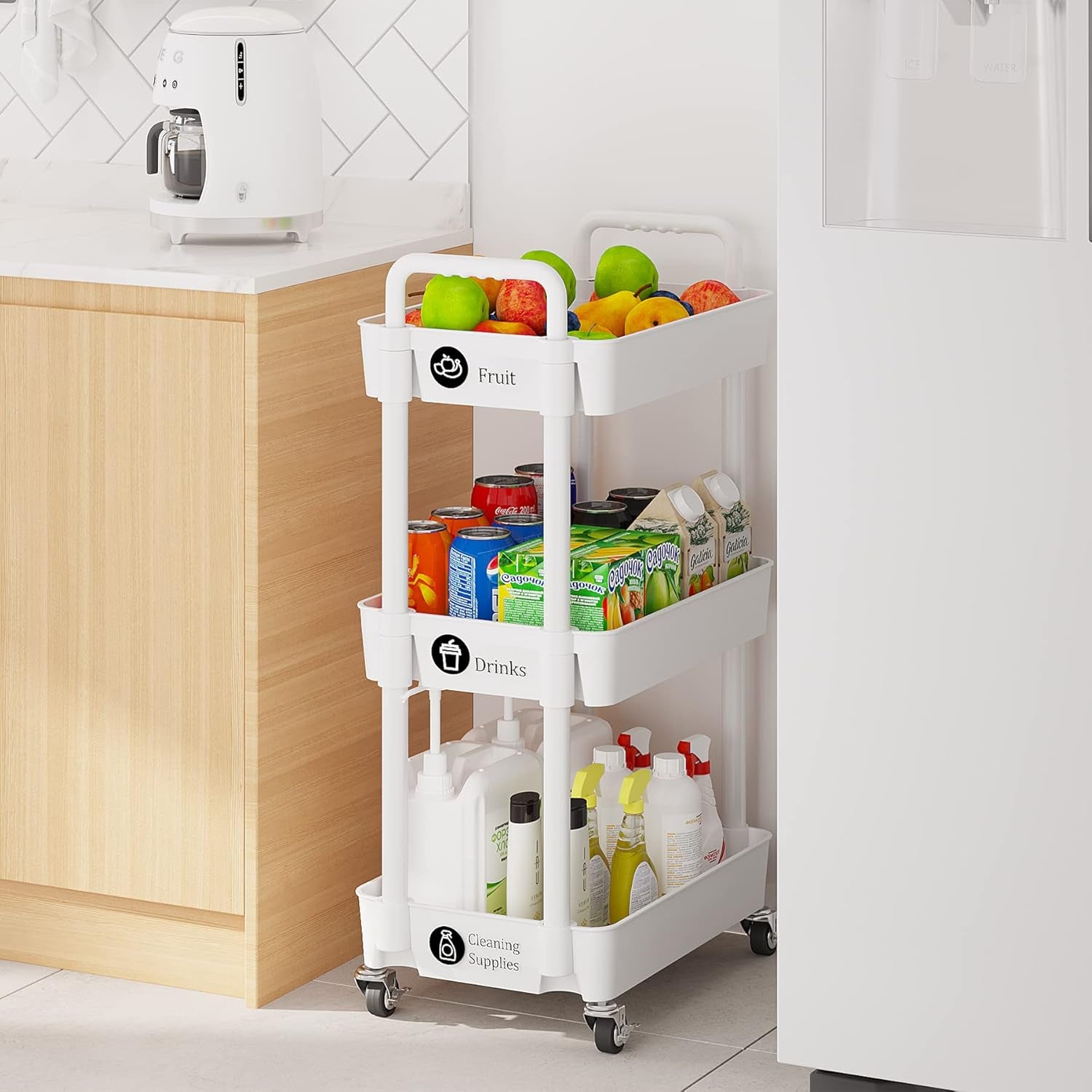 3-Tier Rolling Cart with Wheels,Multifunction Utility Storage Carts, Kitchen Storage Organizer,Mobile Shelving Unit for Bathroom,Laundry,With Classified Stickers,White