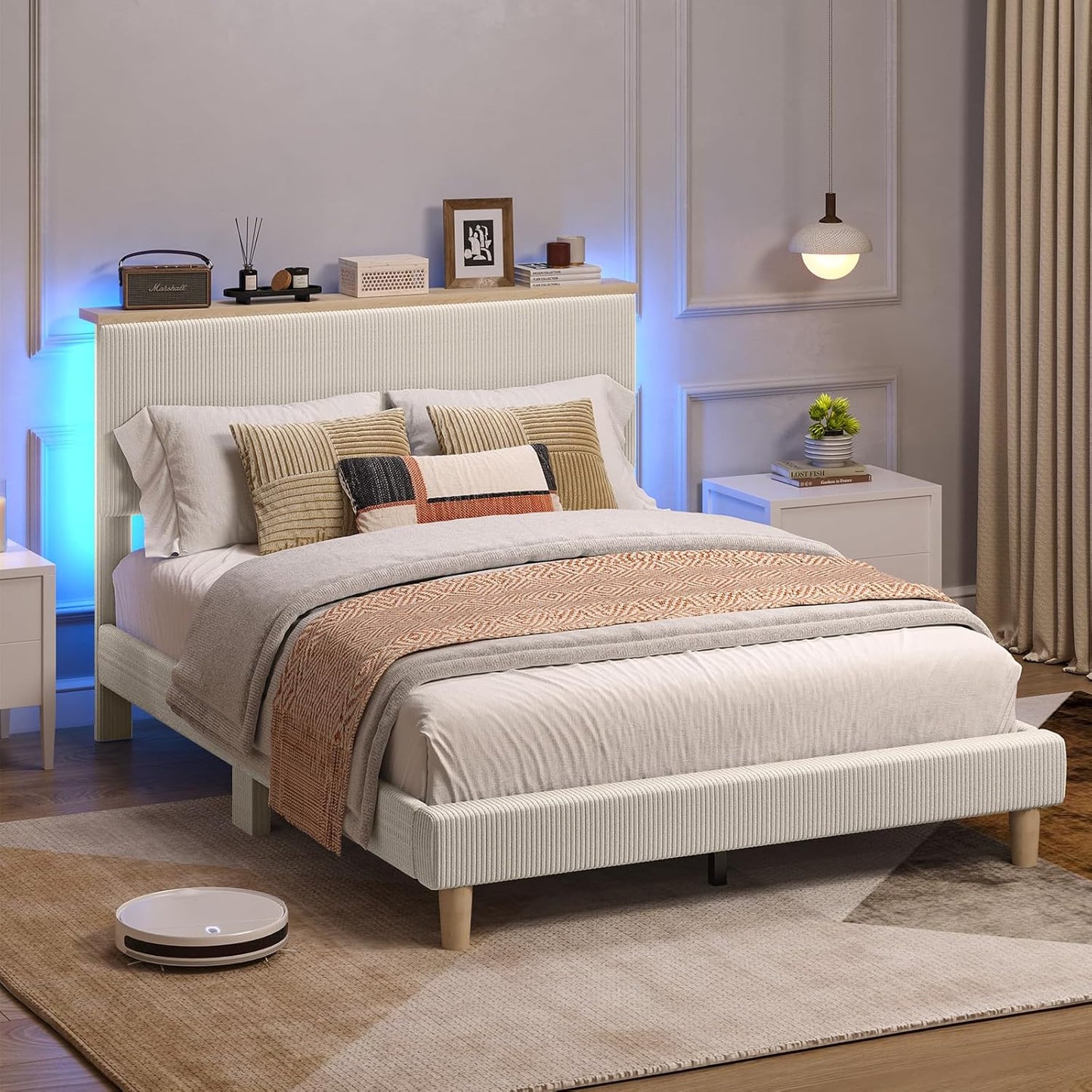 Queen Bed Frame with Adjustable Headboard & Ledlighting, Corduroy Upholstered Platform Bed Frame Withstorage Shelf, Solid Wood Slats, No Box Spring Needed,Never Squeak, Easy Assembly, Beige