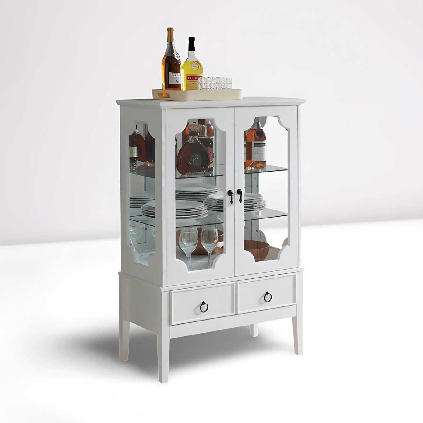 - Curio Accent Storage Cabinet with Doors, Glass Shelves & Drawers - Sideboard Buffet Display Cabinet for Living Room Dining Room Kitchen, White