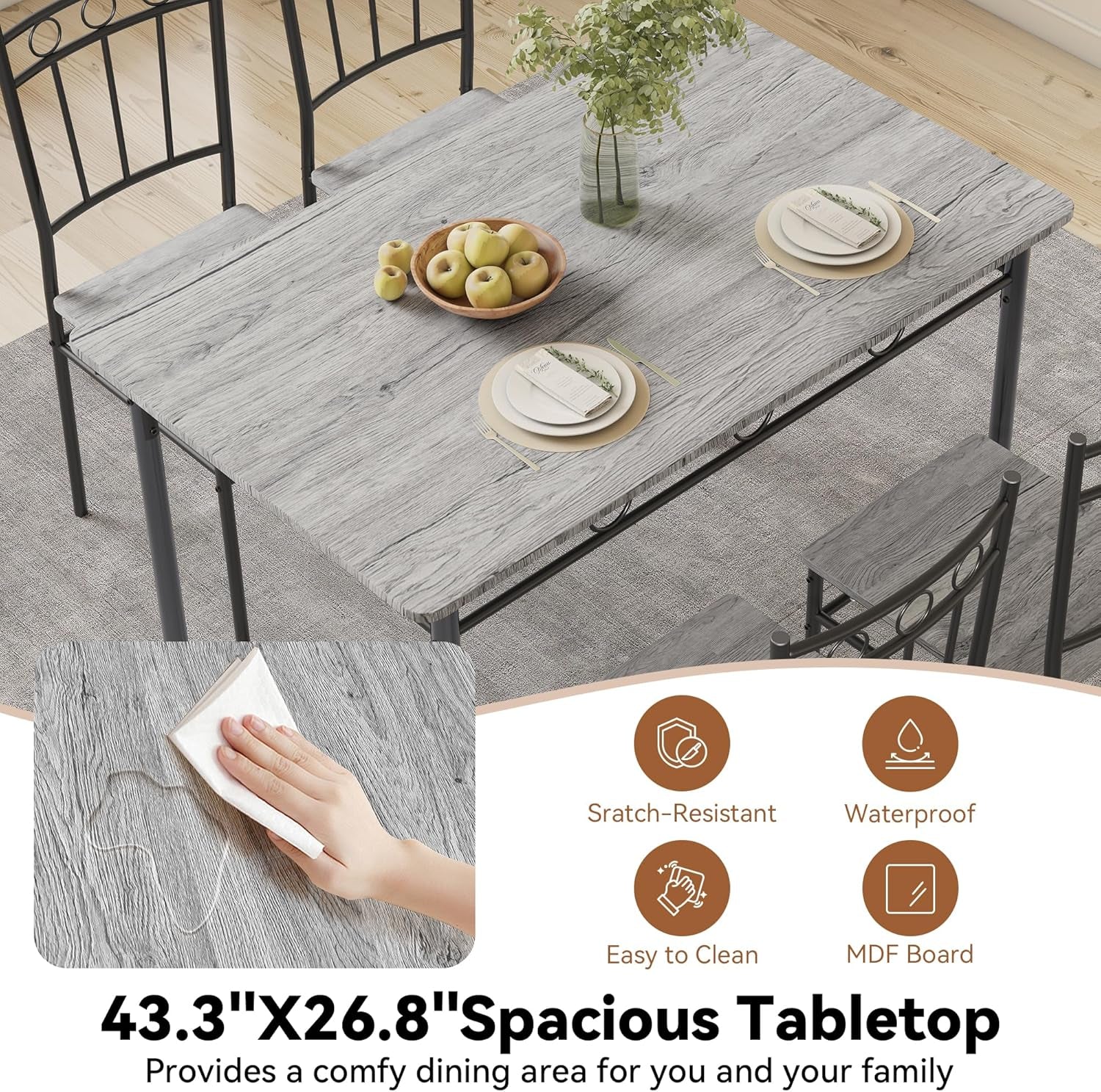 Rectangular Dining Room Table Set with 4 Chairs, Space-Saving Kitchen Table Set for Small Space, Retro Grey