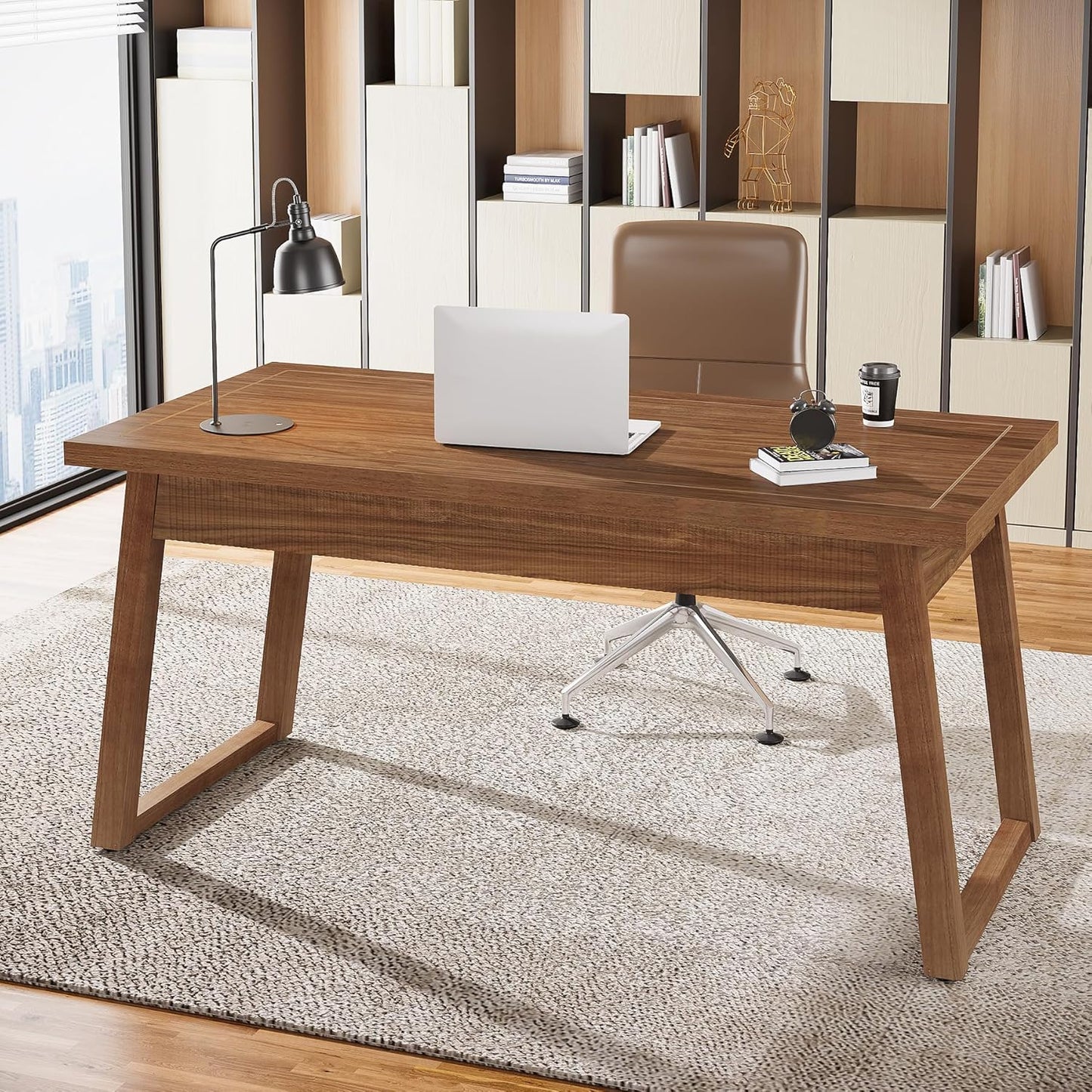 Home Office Executive Desk: 55 Inches Wooden Computer Desk with Drawer, Mid-Century Modern Study Writing Table, Rustic PC Laptop Desk Workstation Furniture, Walnut Brown