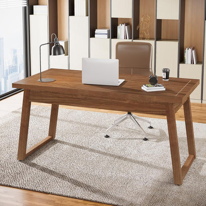 Home Office Executive Desk: 55 Inches Wooden Computer Desk with Drawer, Mid-Century Modern Study Writing Table, Rustic PC Laptop Desk Workstation Furniture, Walnut Brown