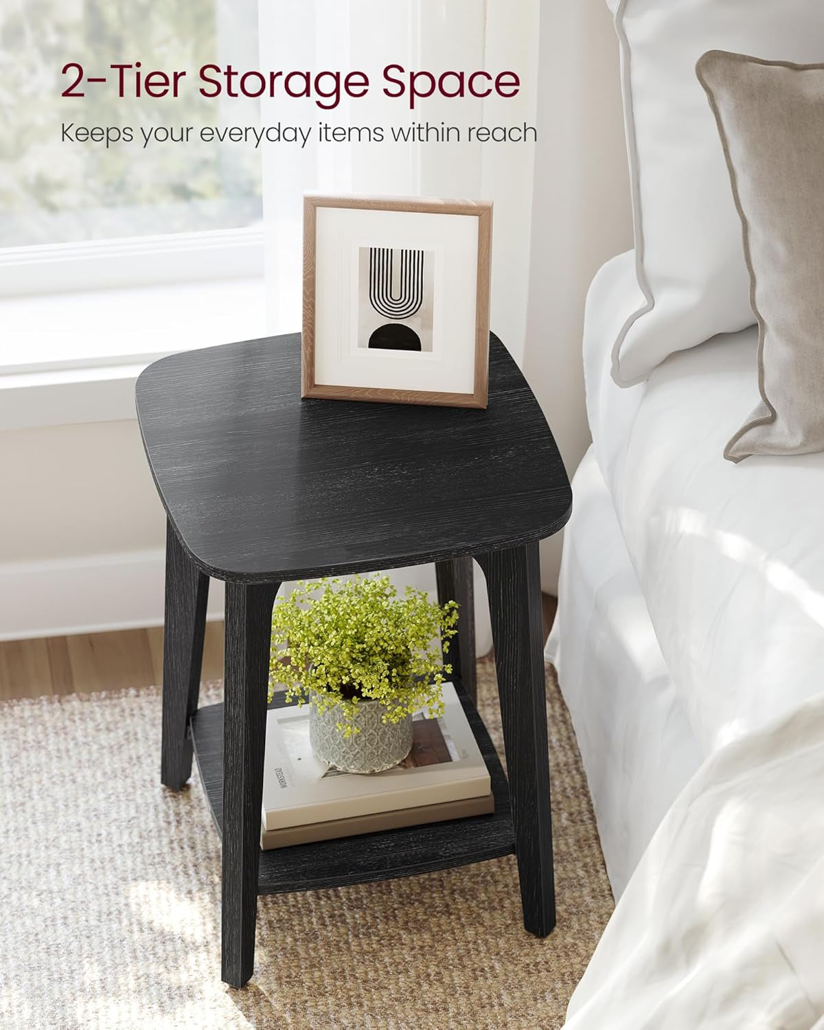 MAEZO Collection - Side Table, 2-Tier Small Square End Table, Nightstand with Tapered Legs, Curved Transitions, for Small Spaces, Living Room, Bedroom, Charcoal Gray ULET236B01