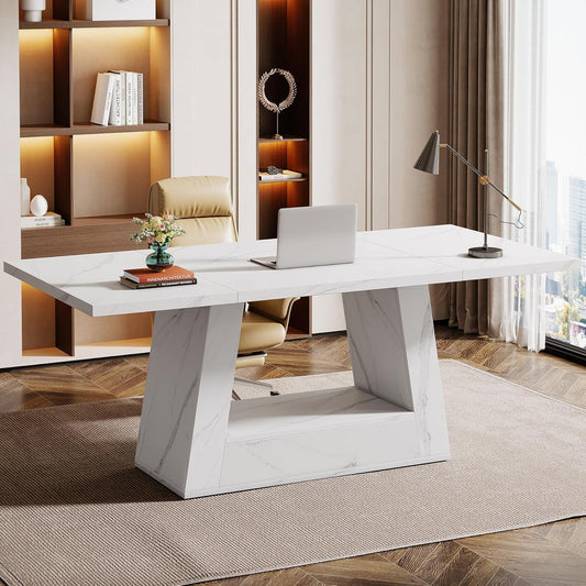 Modern Computer Desk, 63-Inch Large Office Desk Workstation, Simple Style Executive Desk Study Table with Sturdy Base, Wooden Faux Marble Writing Desk for Home Office, White