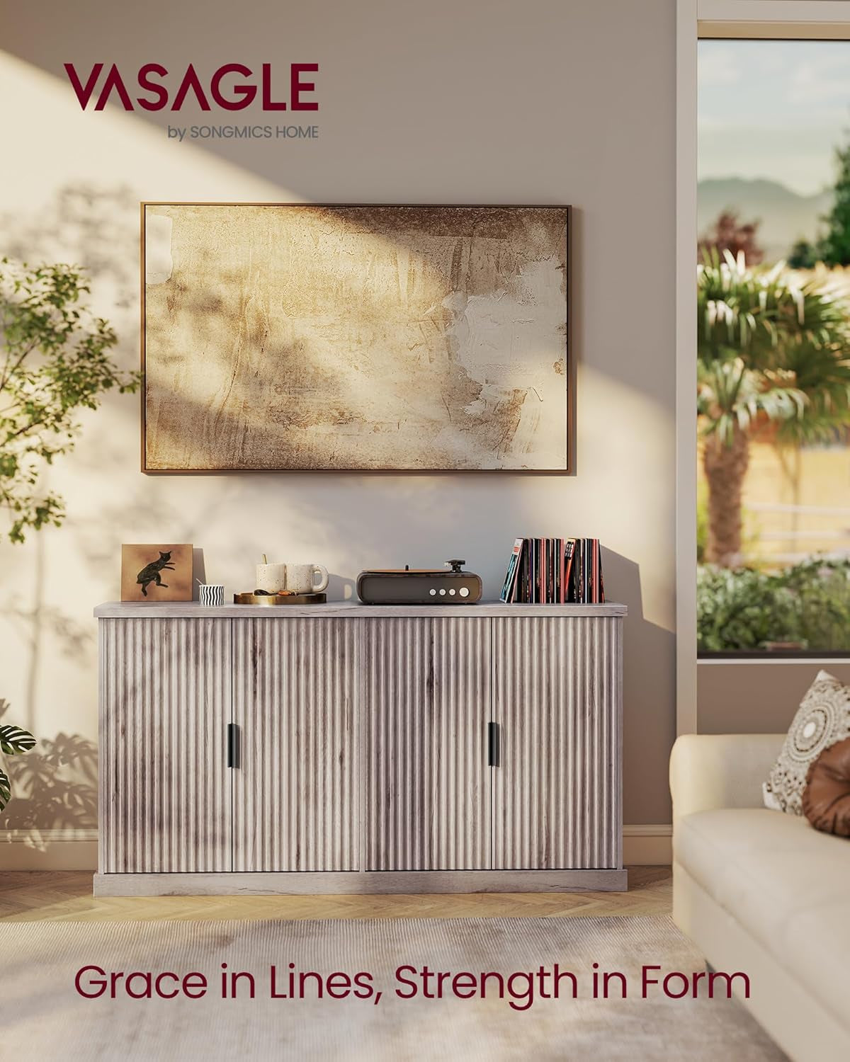 MAXE Collection - Transitional Buffet Cabinet, Console Cabinet, Sideboard with Adjustable Shelves, Fluted Doors, Buffet Table, Kitchen Pantry, Washed Gray UBBK382G01S